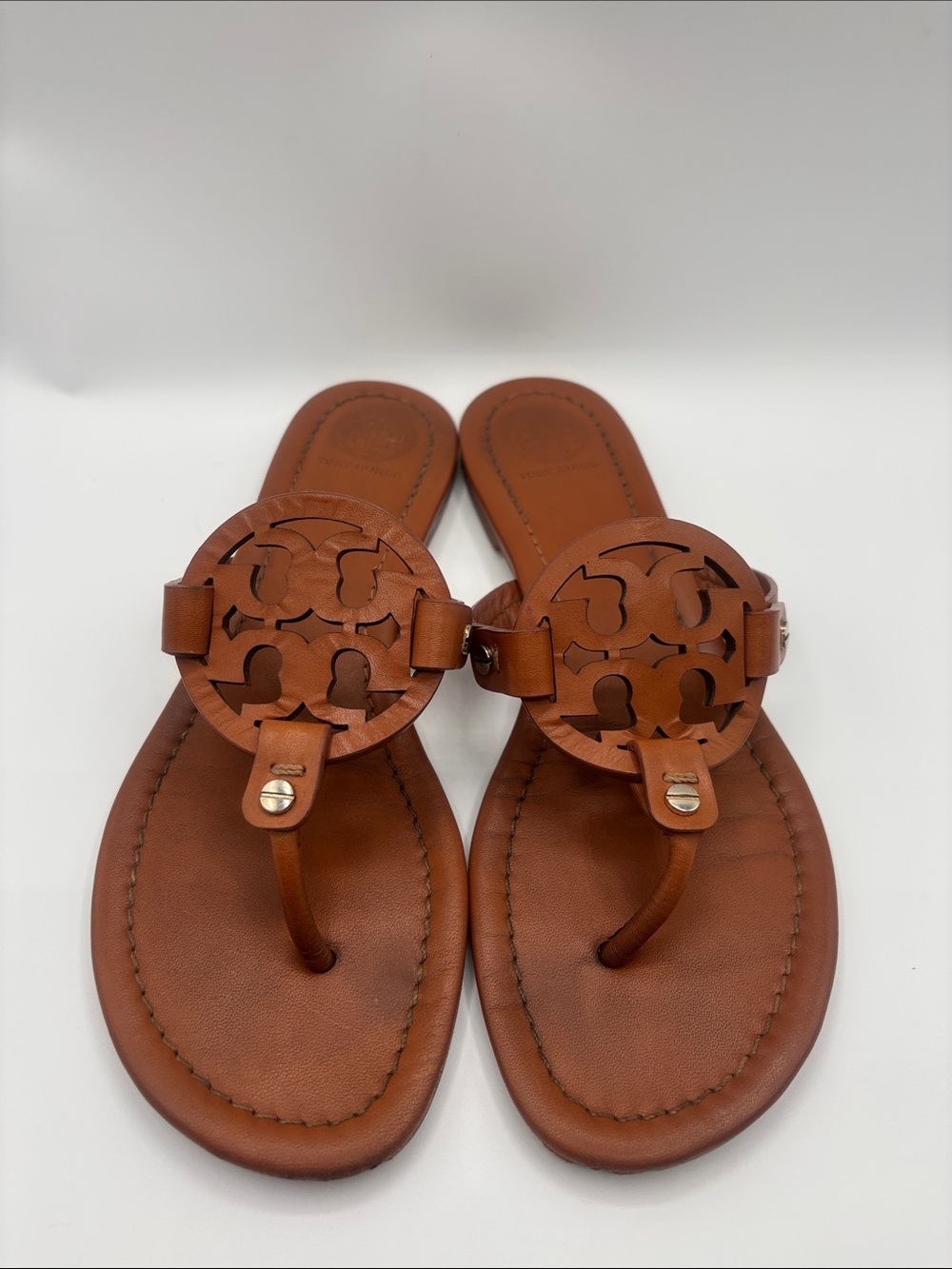 Tory Burch Miller Cognac Leather Logo Thong Sandals